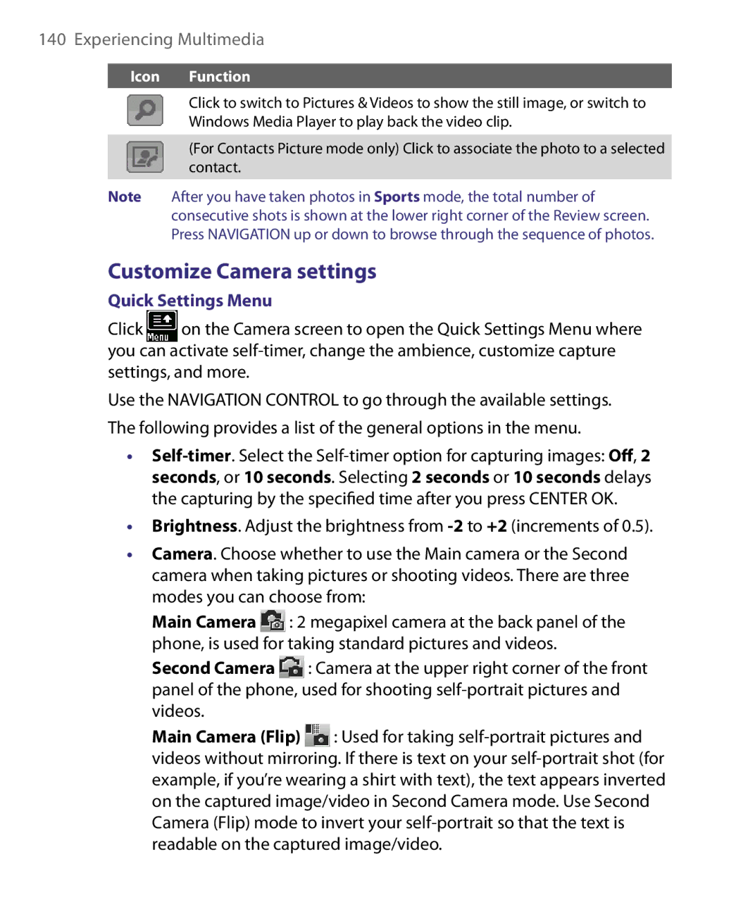 HTC WING220 user manual Customize Camera settings, Quick Settings Menu 