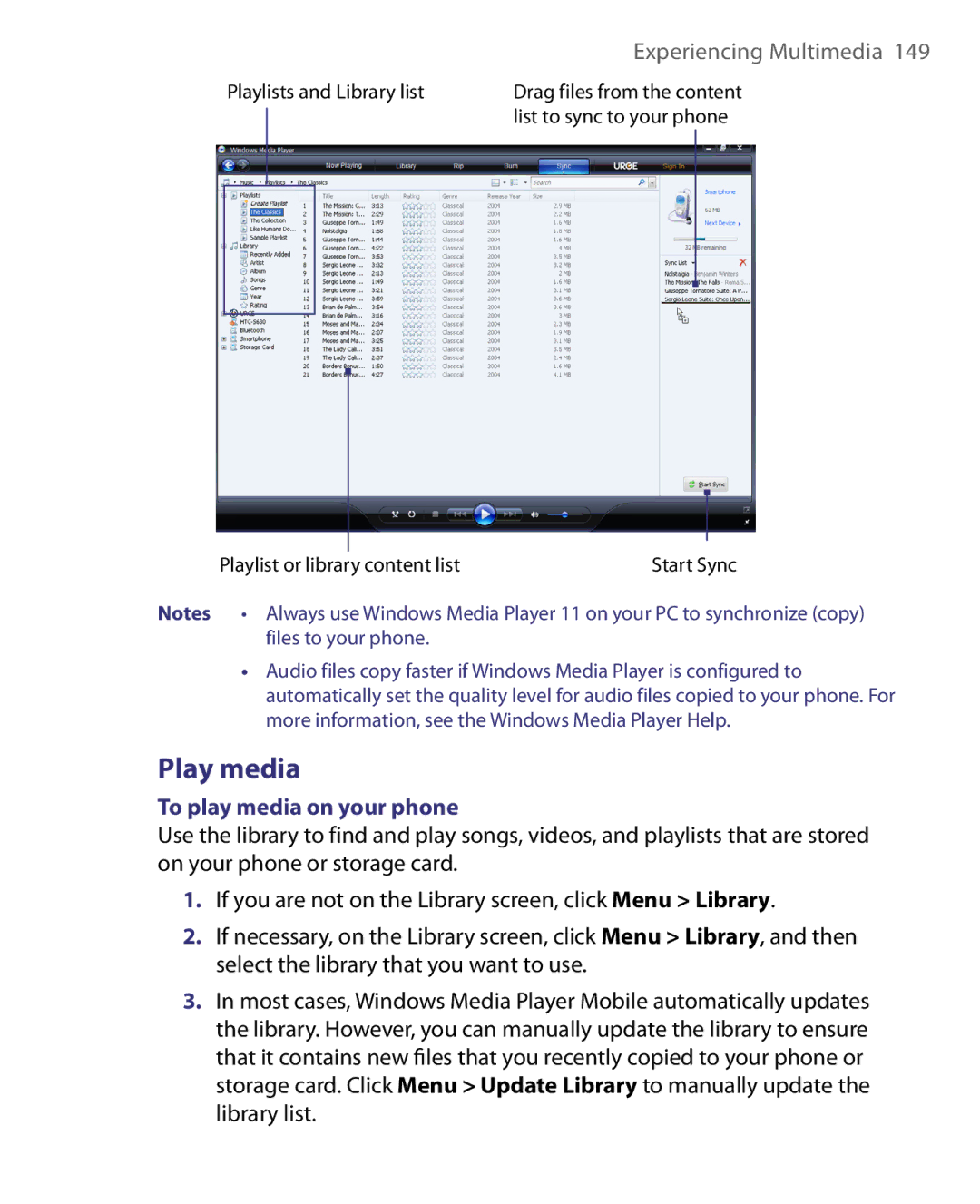 HTC WING220 user manual Play media, To play media on your phone 