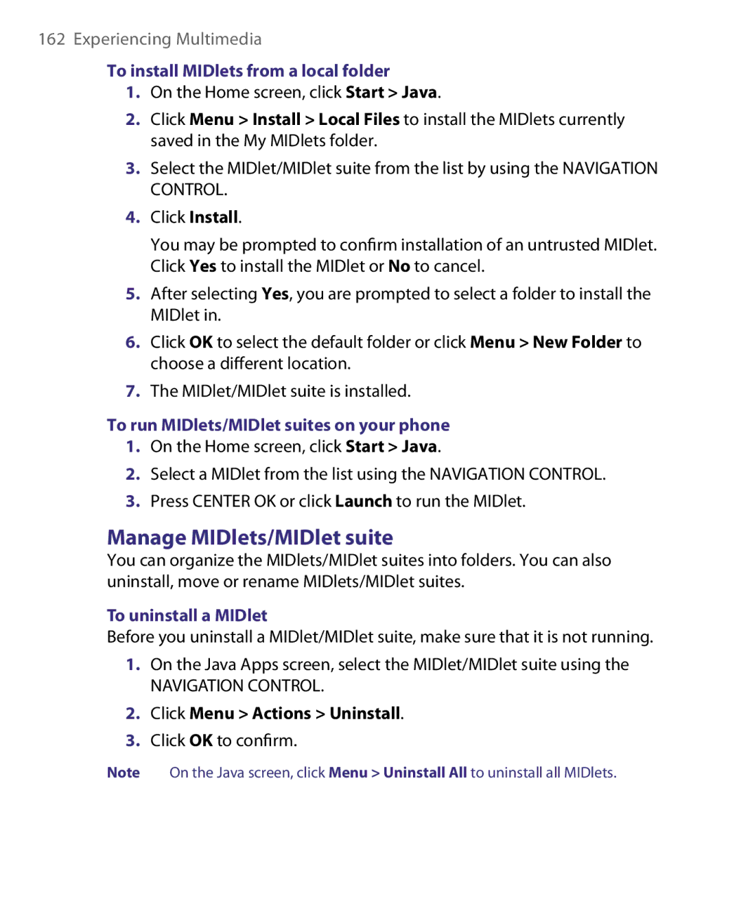 HTC WING220 user manual Manage MIDlets/MIDlet suite, To install MIDlets from a local folder, To uninstall a MIDlet 