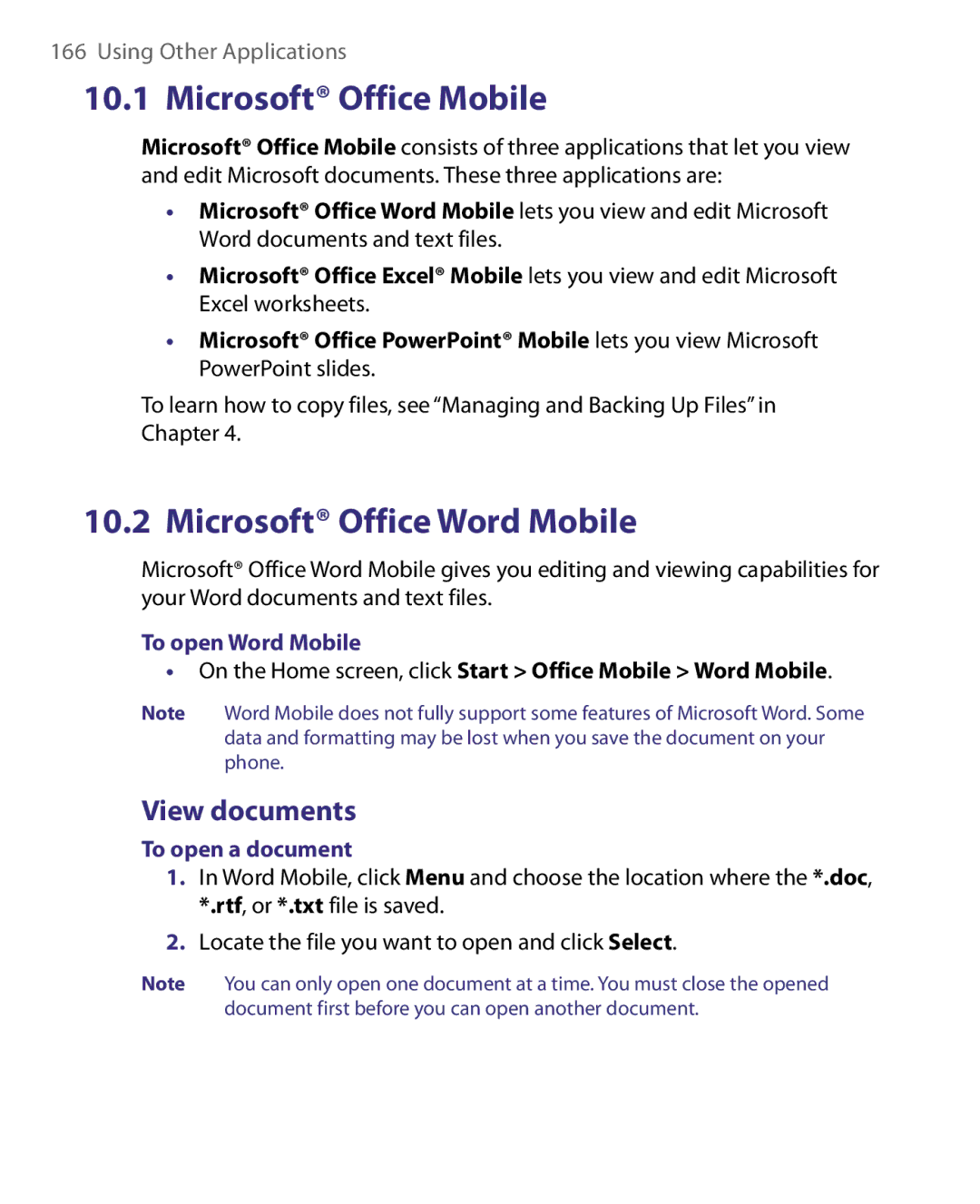 HTC WING220 user manual Microsoft Office Mobile, View documents, To open Word Mobile, To open a document 