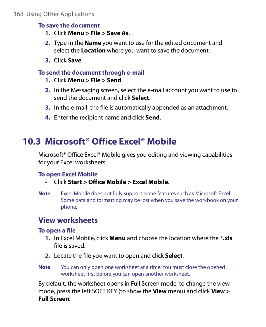 HTC WING220 user manual View worksheets, To save the document, To send the document through e-mail, To open Excel Mobile 