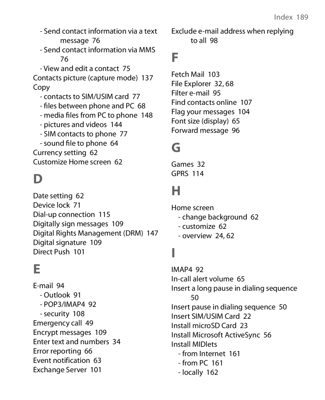 HTC WING220 user manual Event notification 63 Exchange Server 