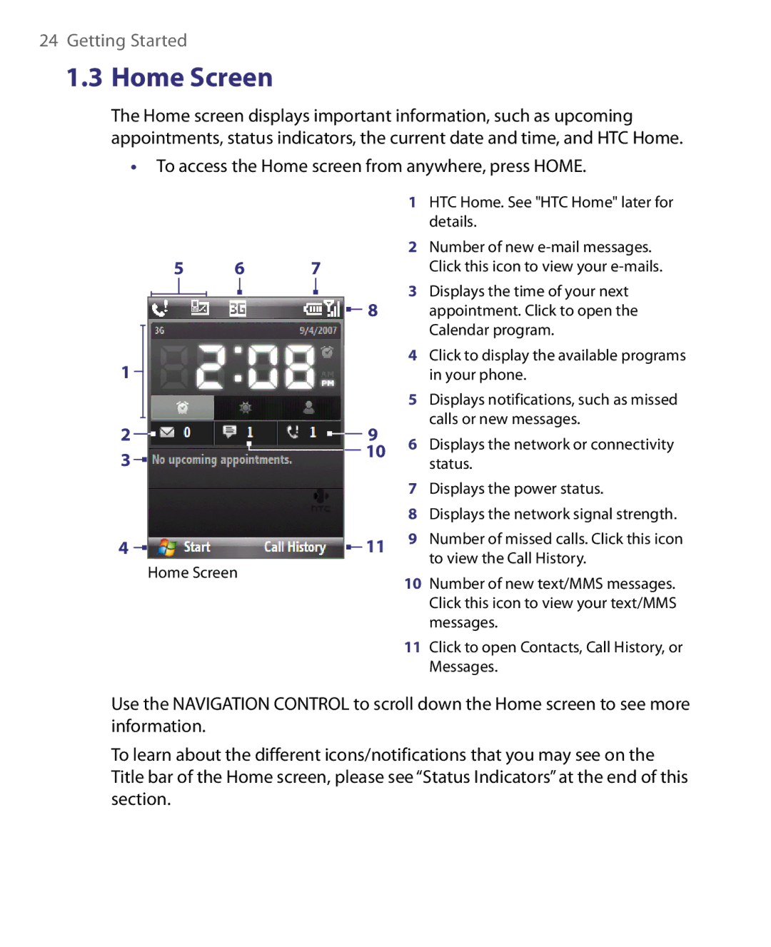 HTC WING220 user manual Home Screen, To access the Home screen from anywhere, press Home 