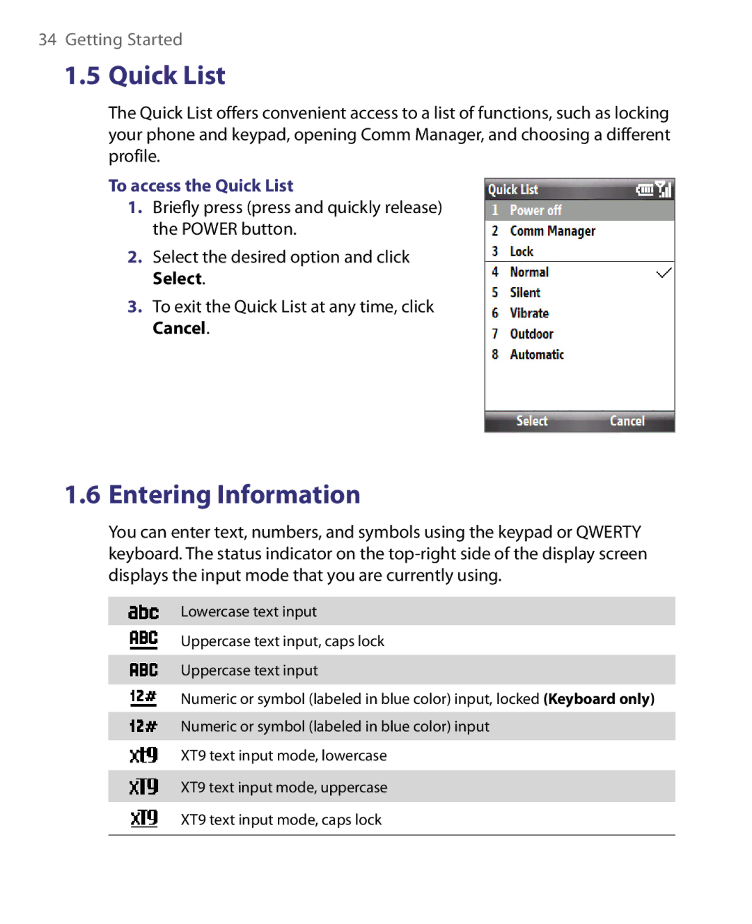 HTC WING220 user manual To access the Quick List 