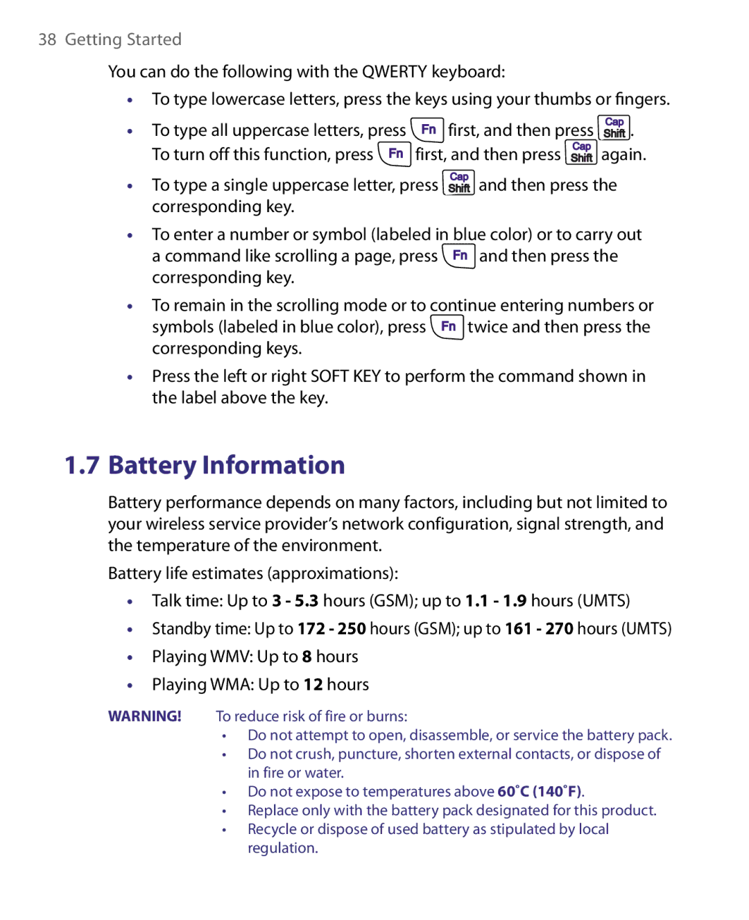 HTC WING220 user manual Battery Information, Playing WMV Up to 8 hours Playing WMA Up to 12 hours 