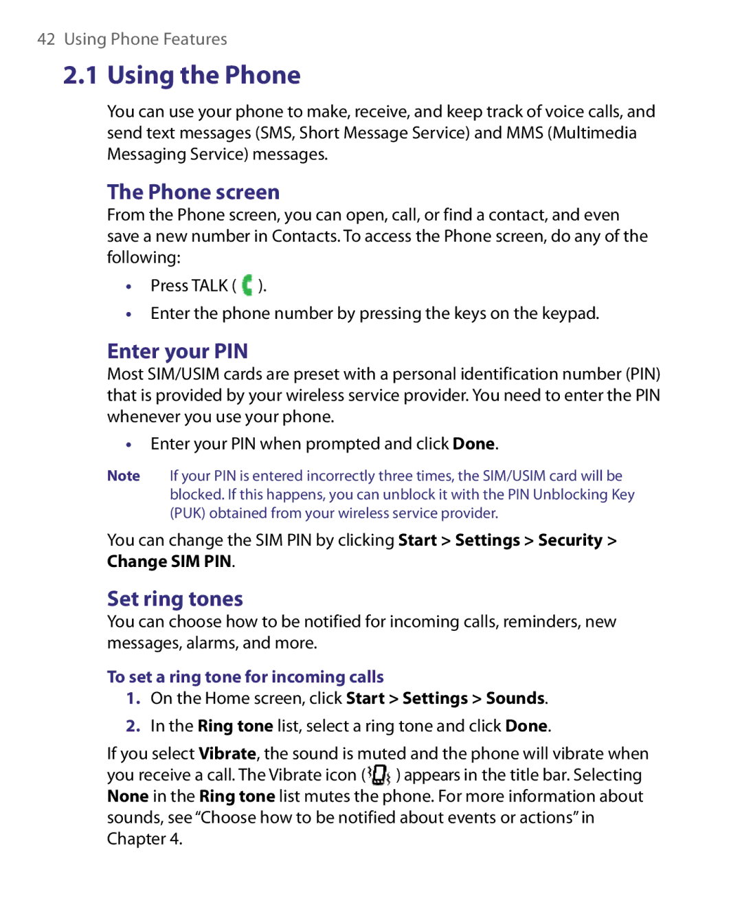 HTC WING220 Using the Phone, Phone screen, Enter your PIN, Set ring tones, To set a ring tone for incoming calls 