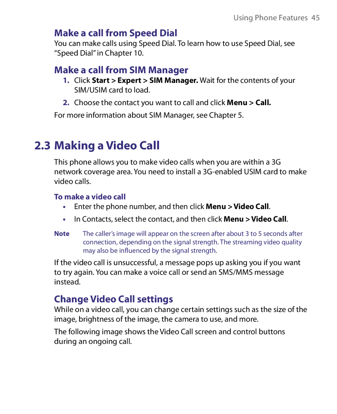 HTC WING220 Making a Video Call, Make a call from Speed Dial, Make a call from SIM Manager, Change Video Call settings 