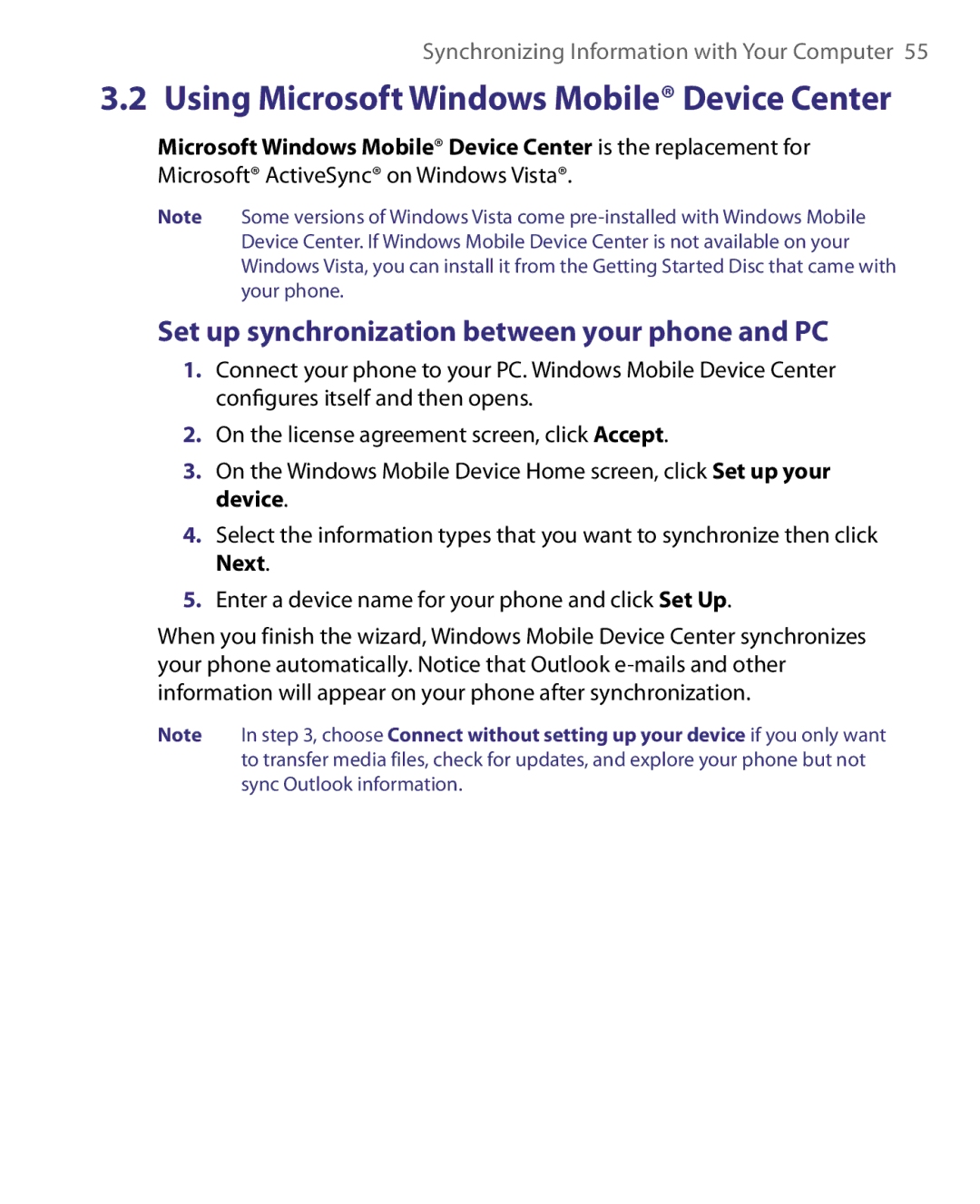 HTC WING220 user manual Using Microsoft Windows Mobile Device Center, Set up synchronization between your phone and PC 