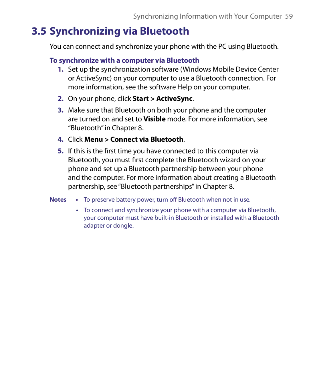 HTC WING220 user manual To synchronize with a computer via Bluetooth, Click Menu Connect via Bluetooth 