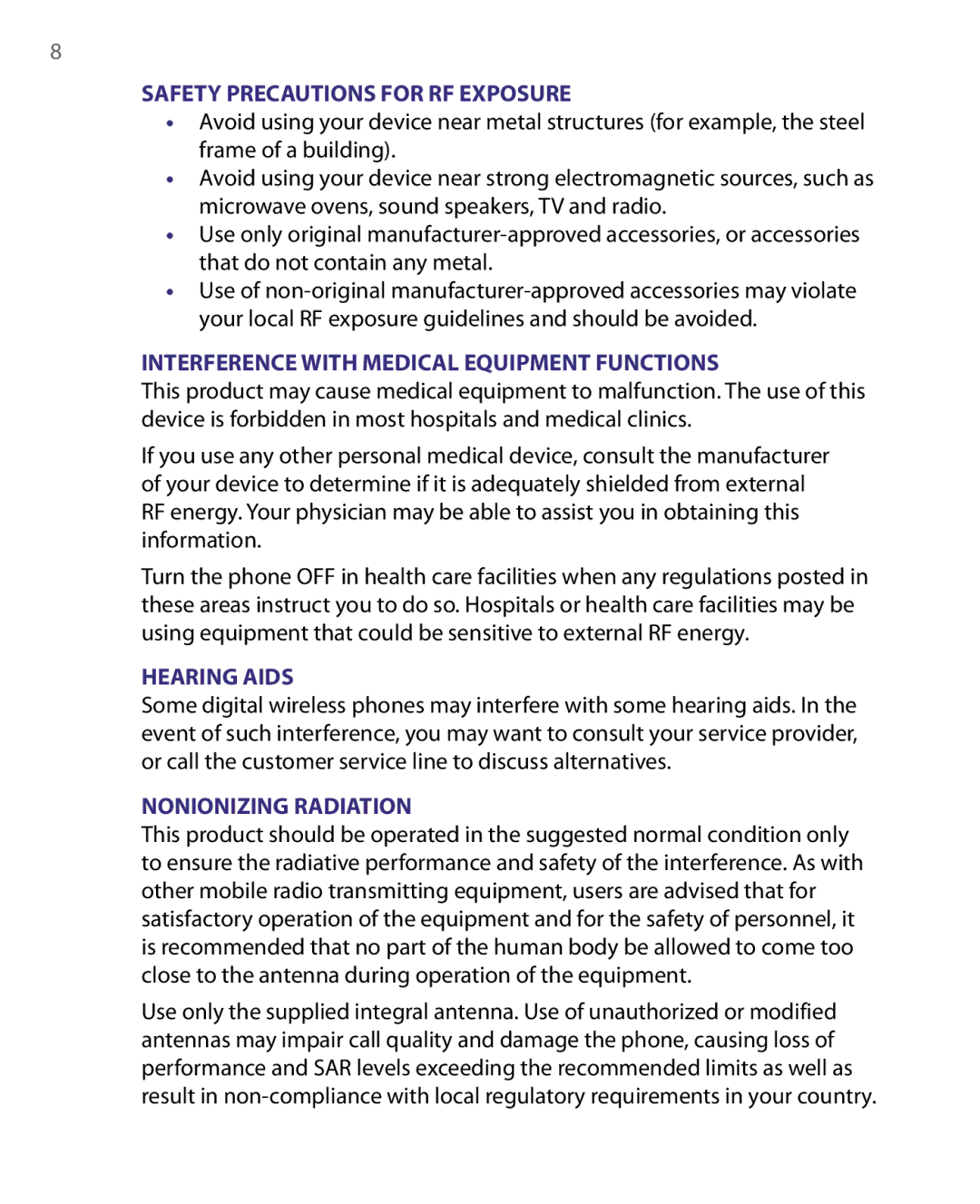 HTC WING220 user manual Safety Precautions for RF Exposure 