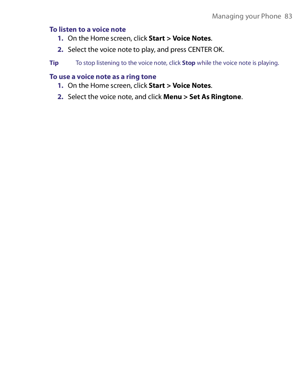 HTC WING220 user manual To listen to a voice note, To use a voice note as a ring tone 