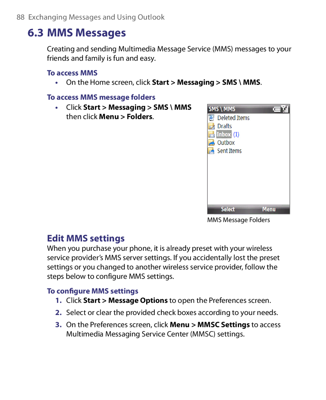 HTC WING220 user manual Edit MMS settings, To access MMS message folders, To conﬁgure MMS settings 