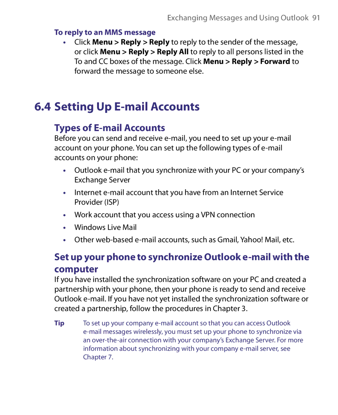 HTC WING220 user manual Types of E-mail Accounts, To reply to an MMS message 