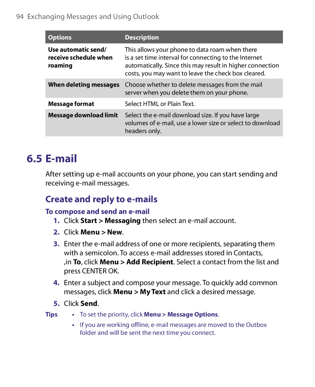 HTC WING220 user manual Create and reply to e-mails, To compose and send an e-mail, Click Menu New, Message format 