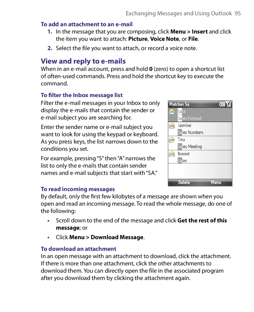 HTC WING220 user manual View and reply to e-mails, To add an attachment to an e-mail, To ﬁlter the Inbox message list 