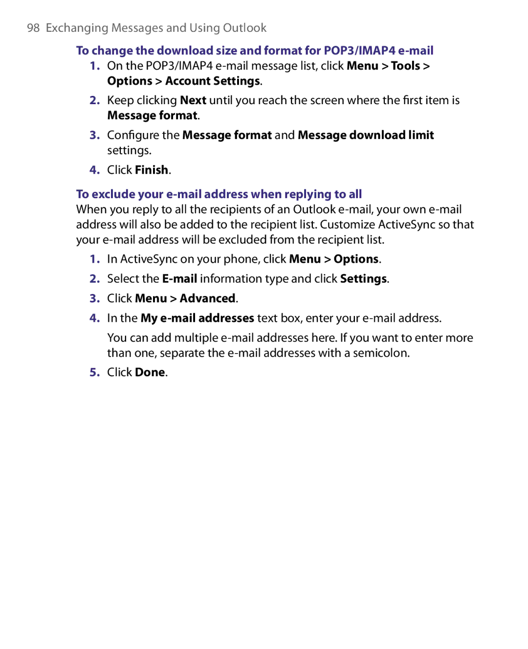 HTC WING220 user manual To exclude your e-mail address when replying to all, Click Menu Advanced 