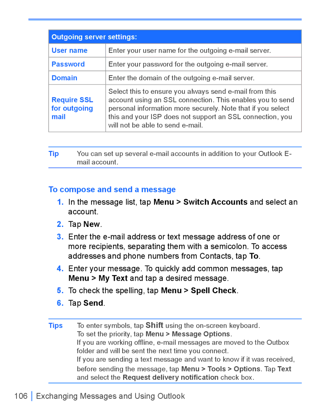 HTC WIZA100 user manual To compose and send a message, For outgoing, Mail 