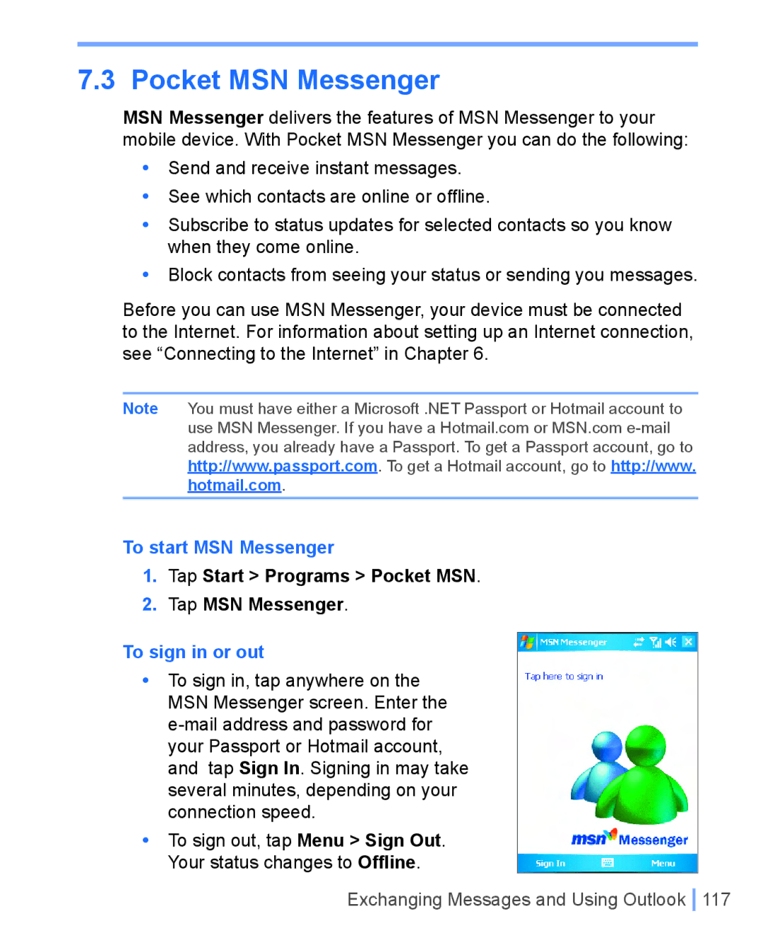 HTC WIZA100 user manual To start MSN Messenger, Tap Start Programs Pocket MSN Tap MSN Messenger, To sign in or out 