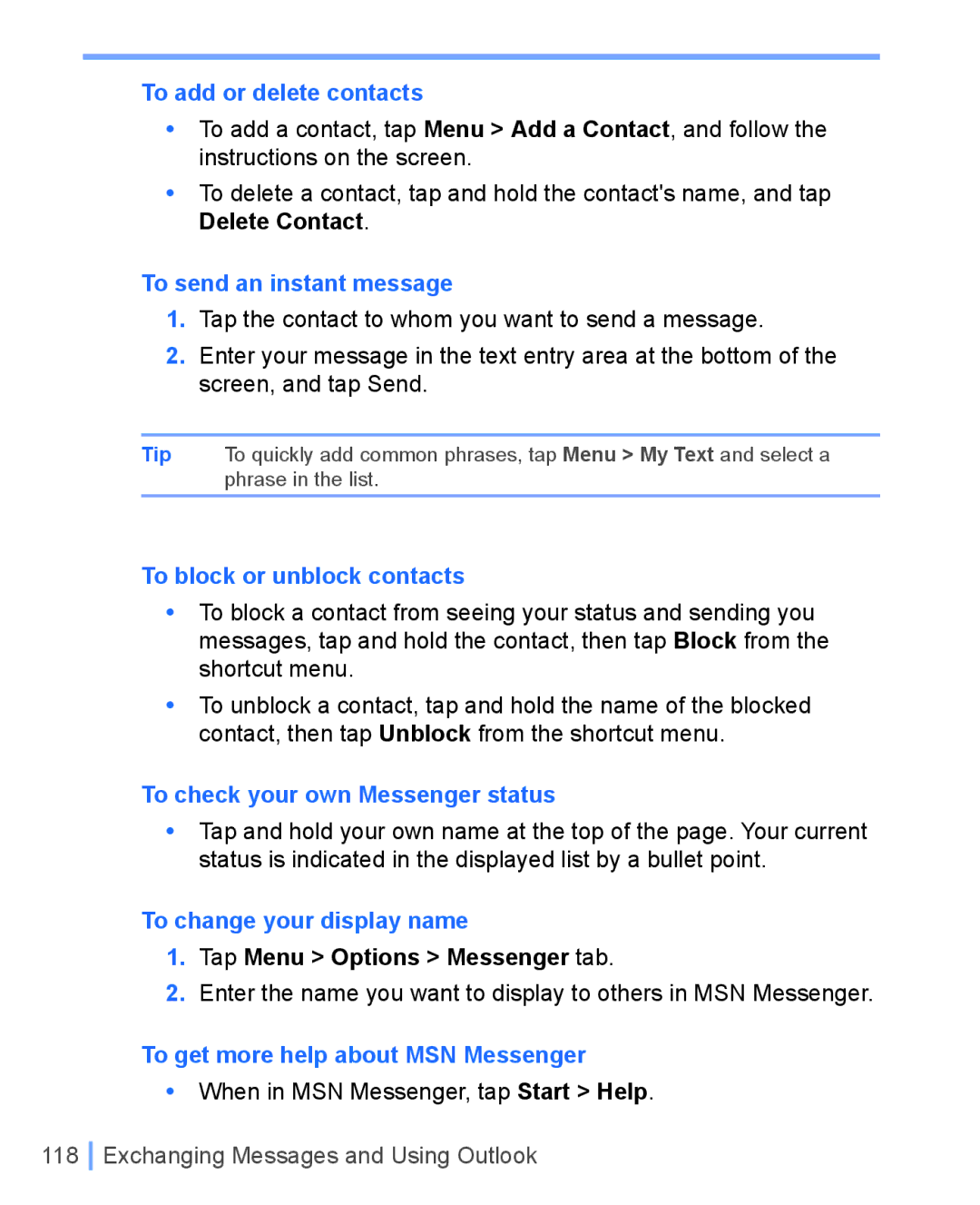 HTC WIZA100 user manual To add or delete contacts, To send an instant message, To block or unblock contacts 