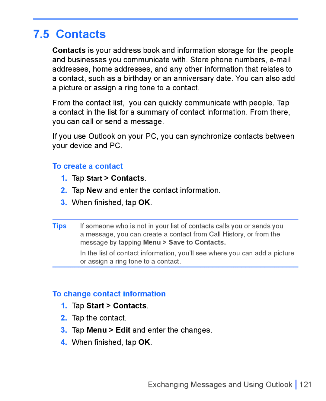 HTC WIZA100 user manual To create a contact, To change contact information 