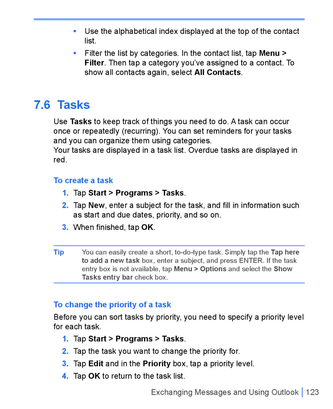 HTC WIZA100 user manual To create a task, Tap Start Programs Tasks, To change the priority of a task 