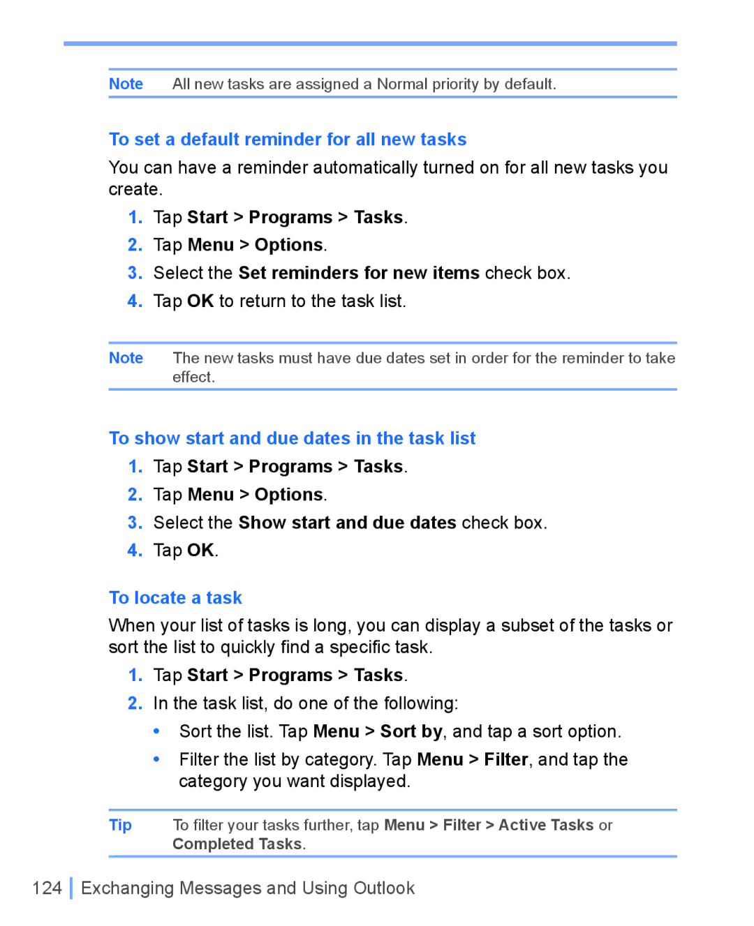 HTC WIZA100 To set a default reminder for all new tasks, To show start and due dates in the task list, To locate a task 