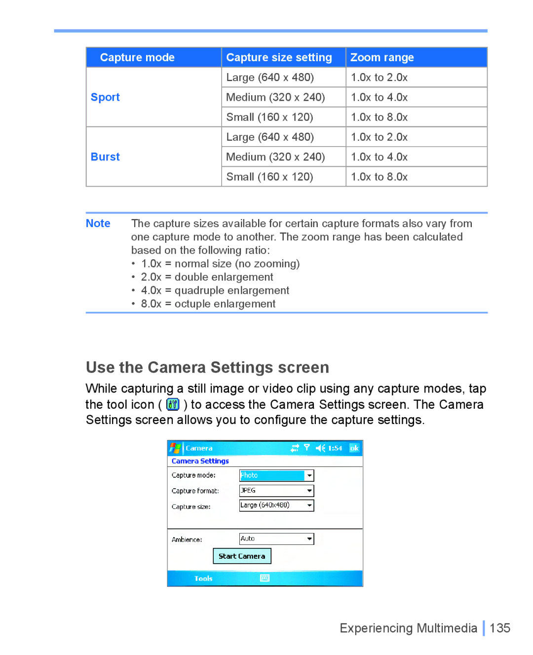 HTC WIZA100 user manual Use the Camera Settings screen, Sport, Burst 