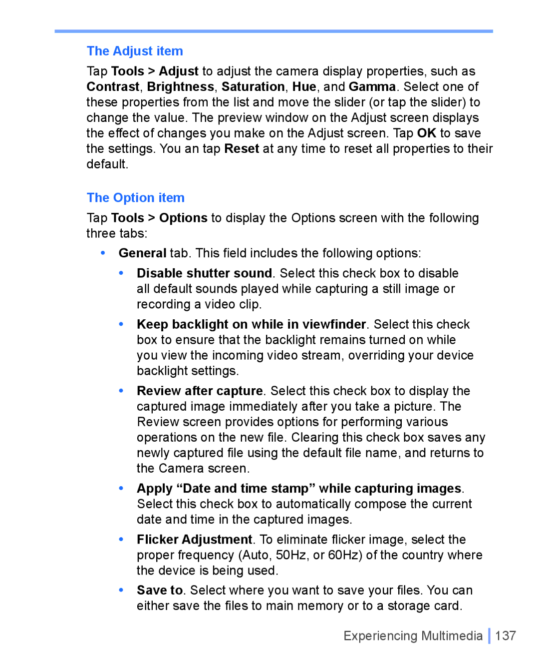 HTC WIZA100 user manual Adjust item, Option item 