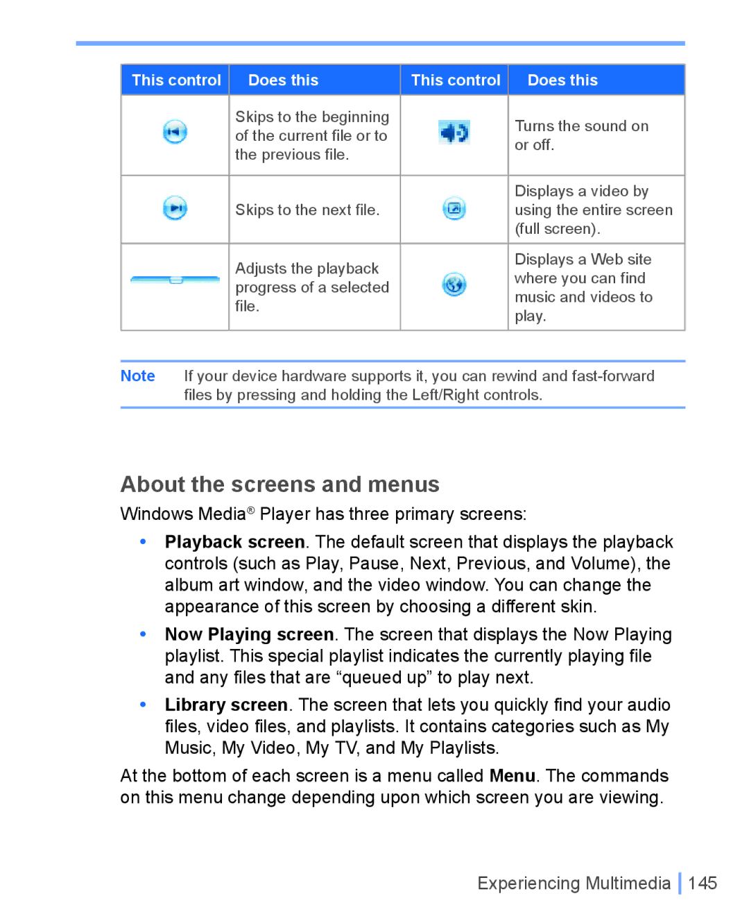 HTC WIZA100 user manual About the screens and menus, Windows Media Player has three primary screens 