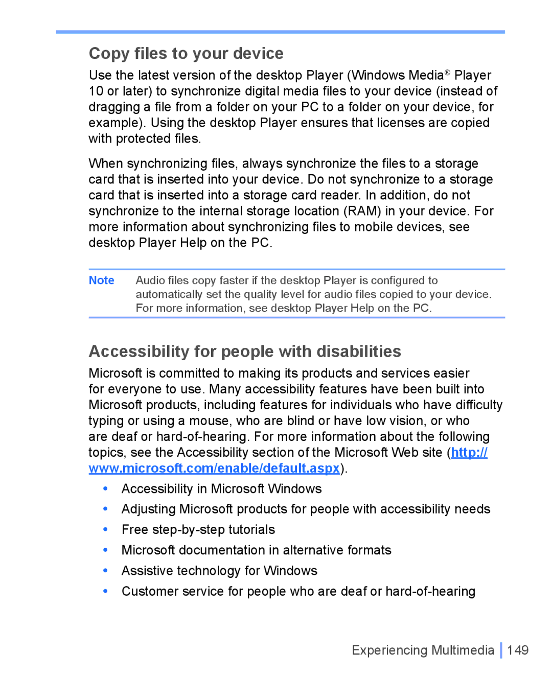 HTC WIZA100 user manual Copy files to your device, Accessibility for people with disabilities 