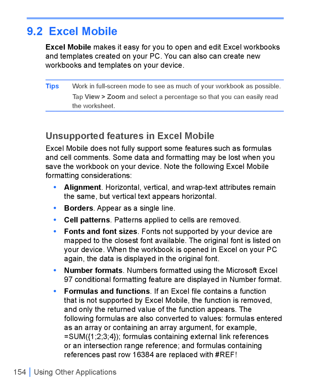 HTC WIZA100 user manual Unsupported features in Excel Mobile 