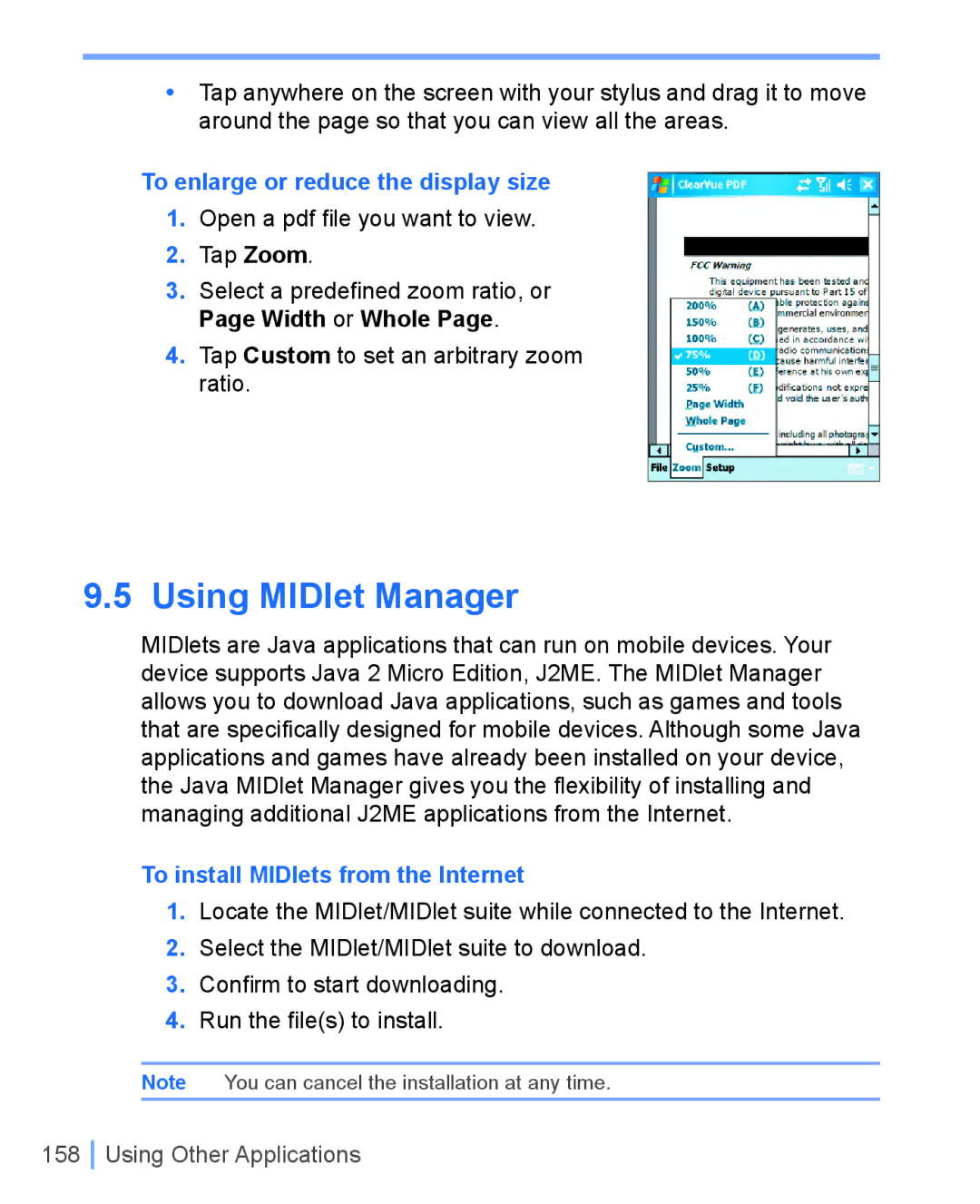 HTC WIZA100 user manual To enlarge or reduce the display size, To install MIDlets from the Internet 