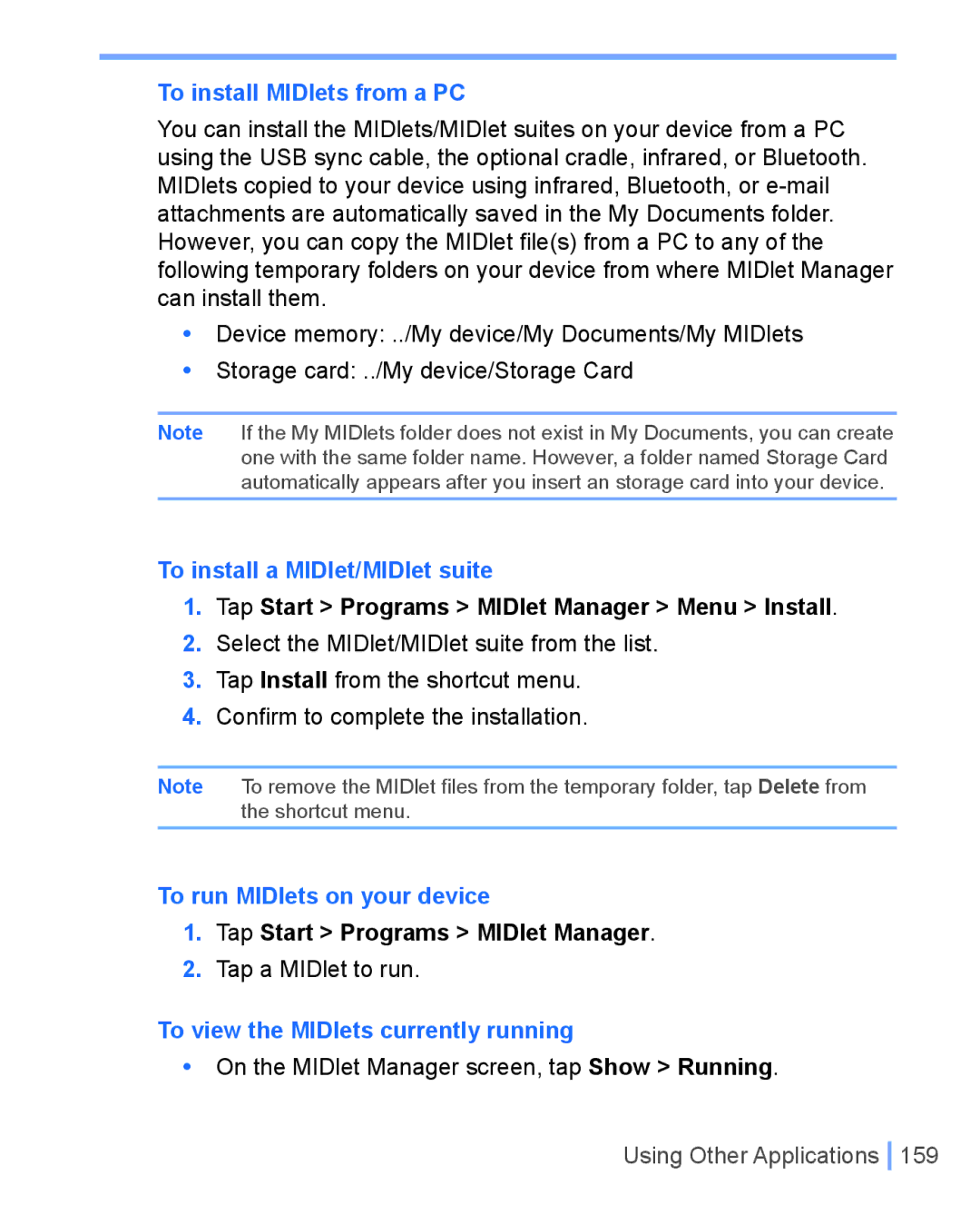 HTC WIZA100 user manual To install MIDlets from a PC, To install a MIDlet/MIDlet suite, To run MIDlets on your device 