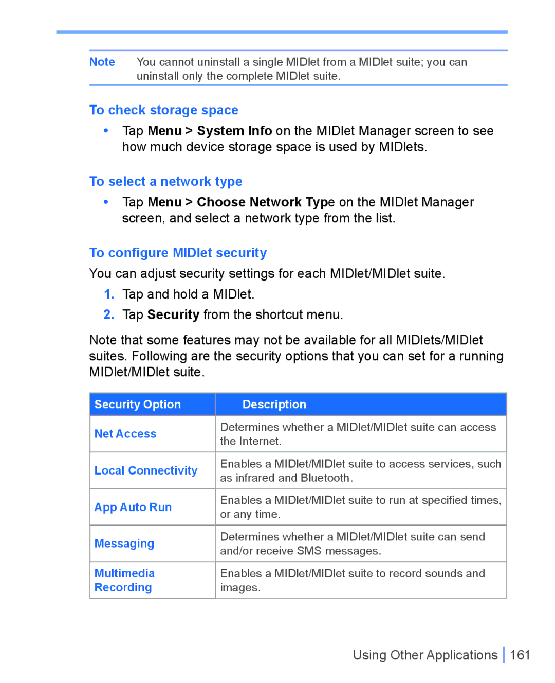 HTC WIZA100 user manual To check storage space, To select a network type, To conﬁgure MIDlet security 