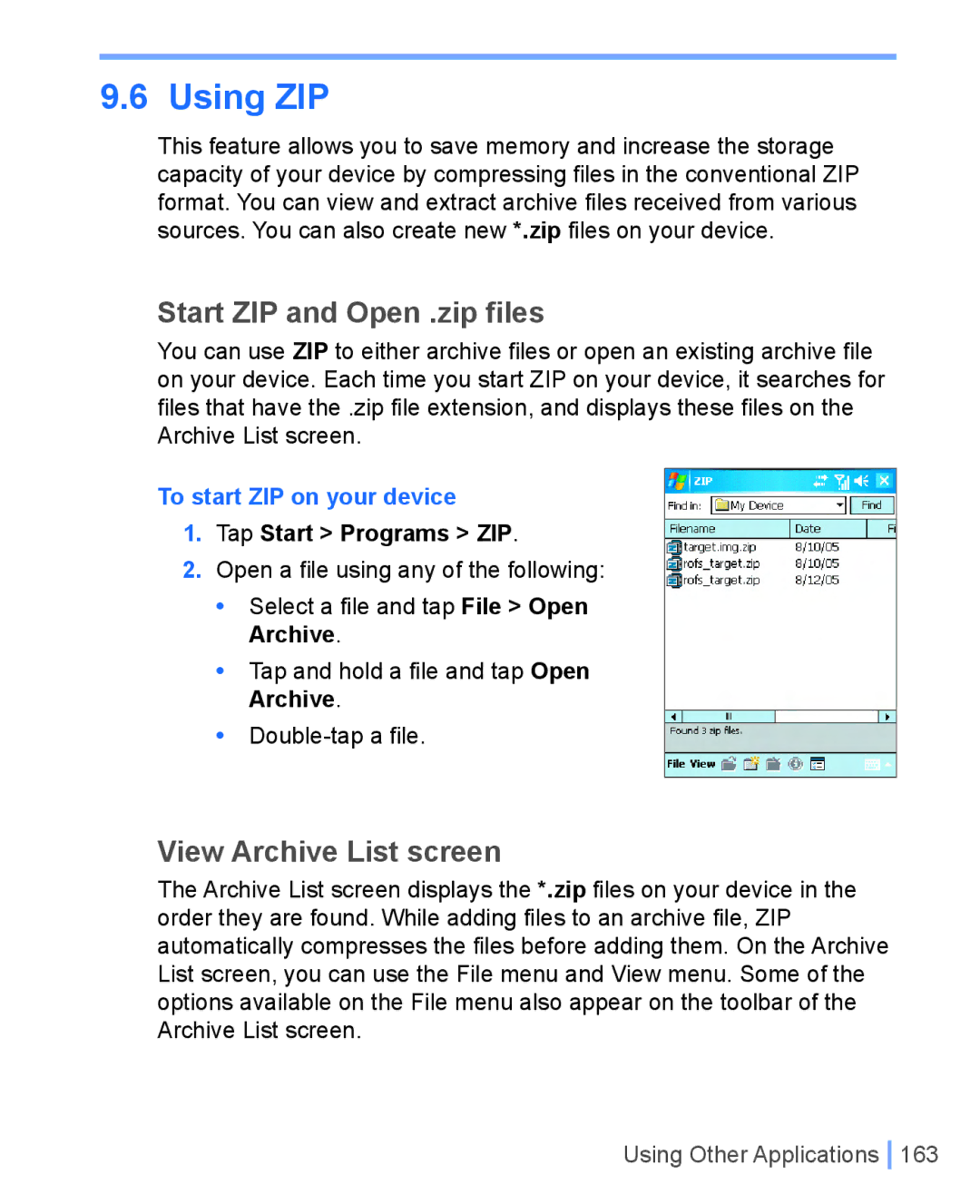 HTC WIZA100 Start ZIP and Open .zip files, View Archive List screen, To start ZIP on your device, Tap Start Programs ZIP 