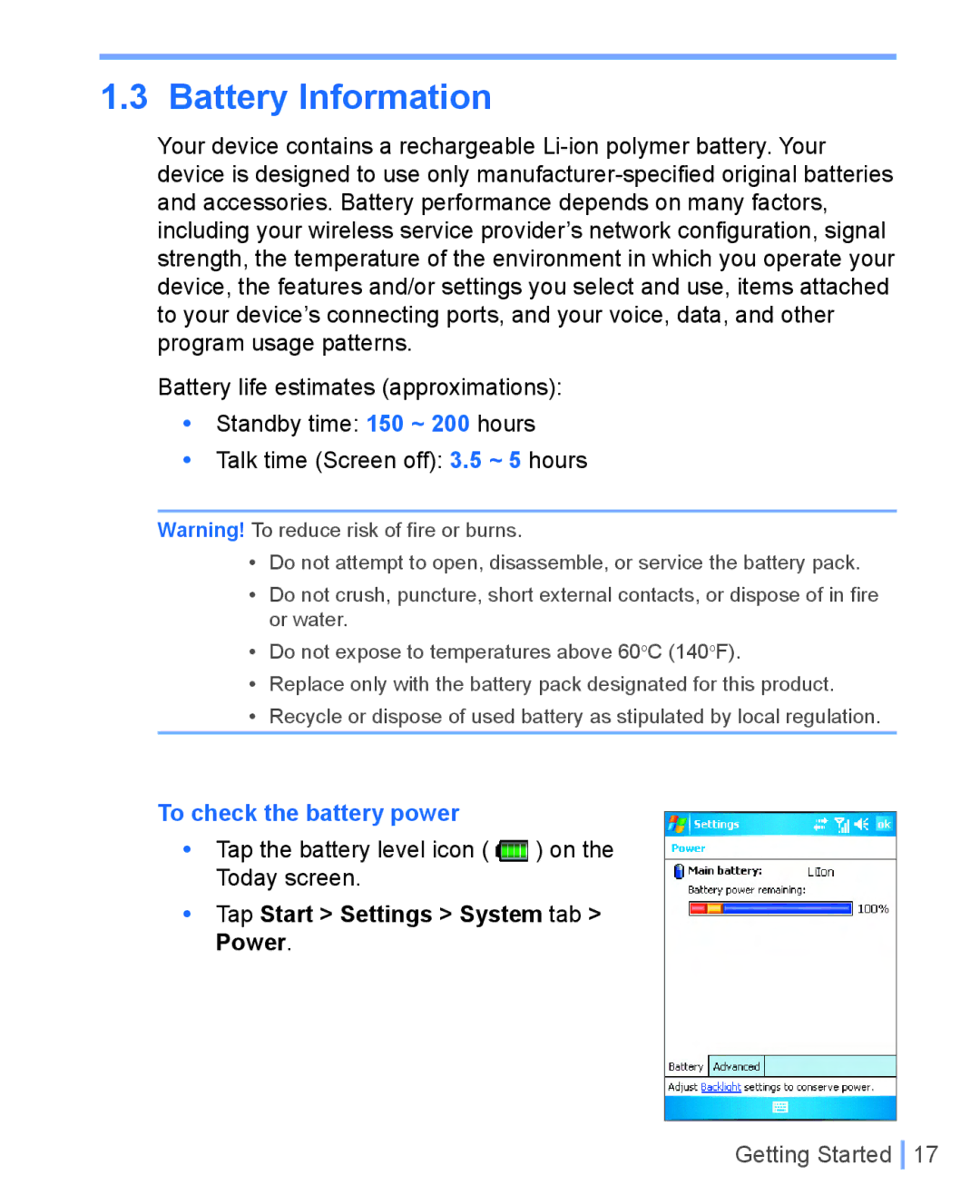 HTC WIZA100 user manual To check the battery power, Tap Start Settings System tab Power 