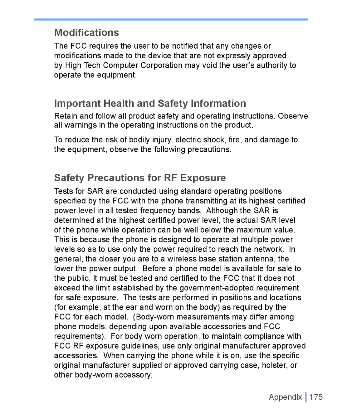 HTC WIZA100 user manual Modifications, Important Health and Safety Information, Safety Precautions for RF Exposure 