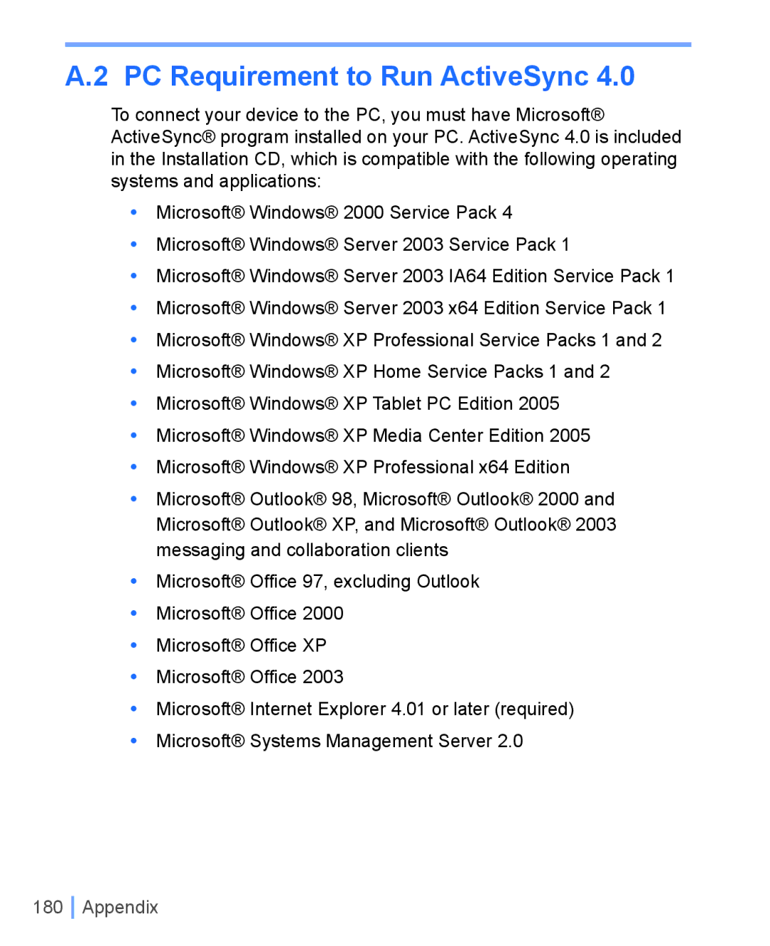 HTC WIZA100 user manual PC Requirement to Run ActiveSync 