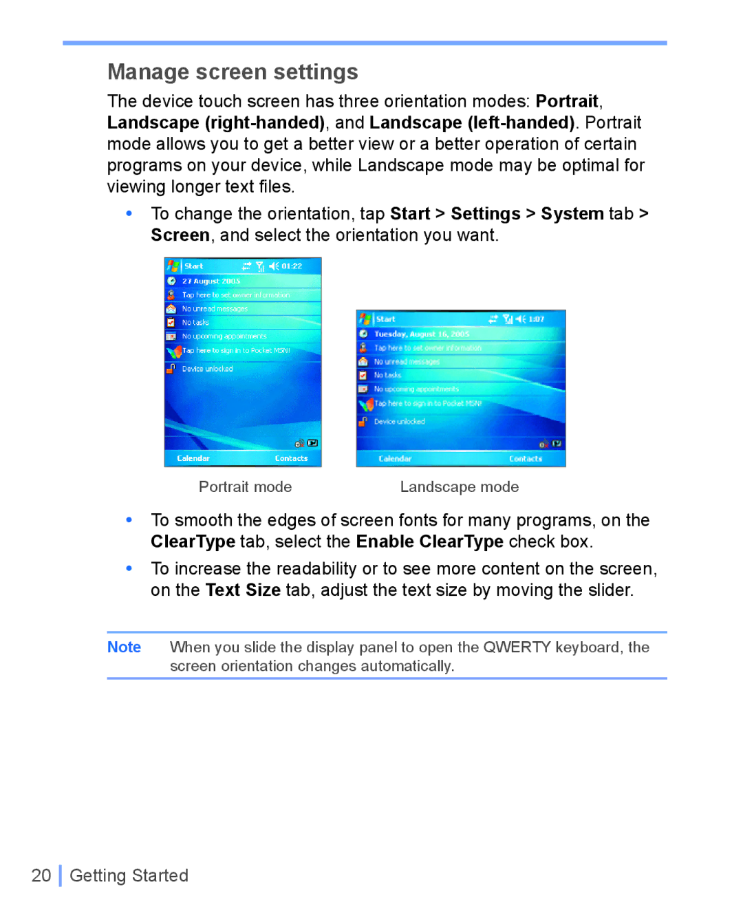 HTC WIZA100 user manual Manage screen settings 