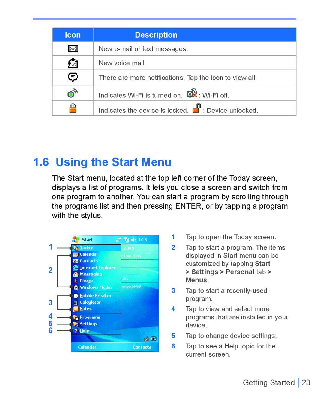 HTC WIZA100 user manual Settings Personal tab Menus 