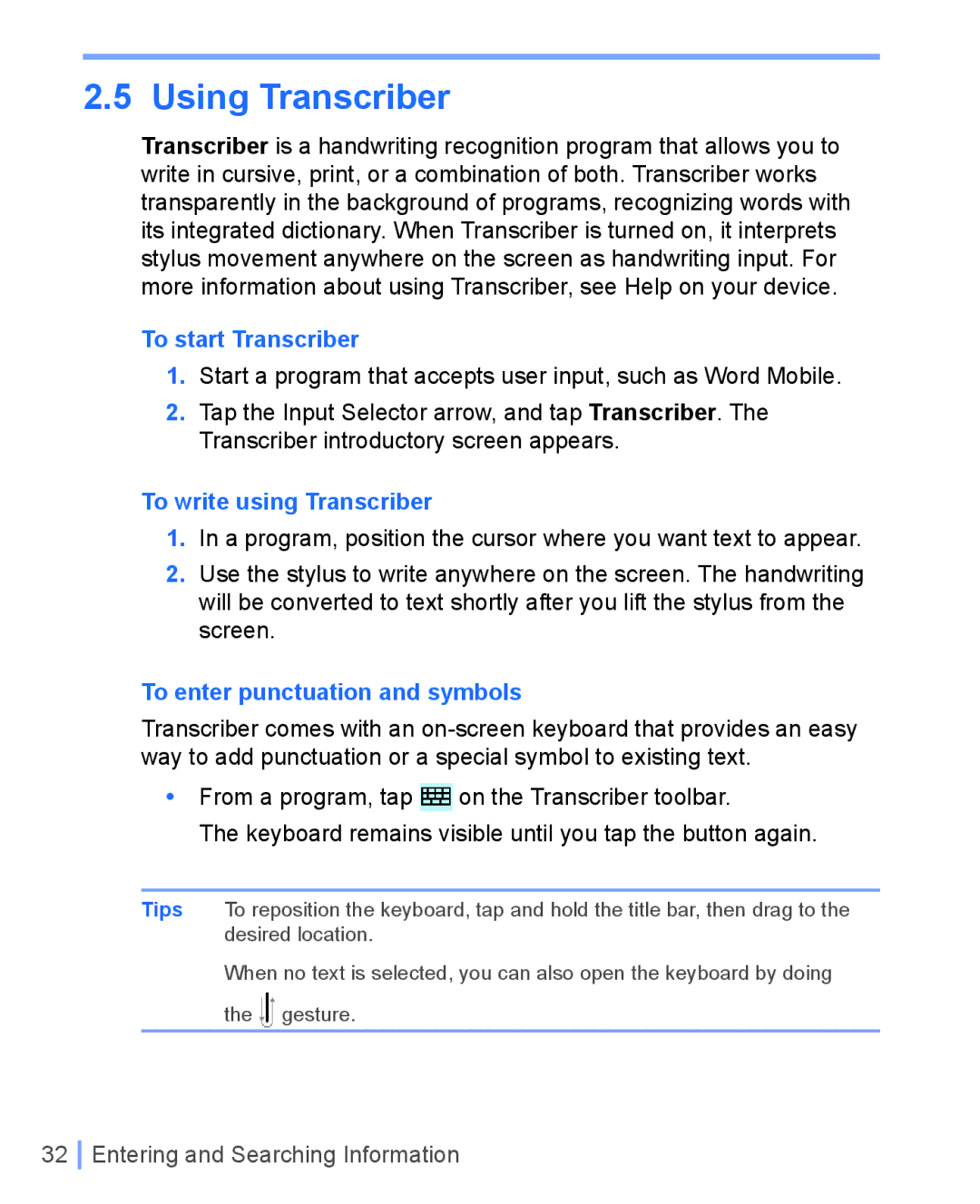 HTC WIZA100 user manual To start Transcriber, To write using Transcriber, To enter punctuation and symbols 