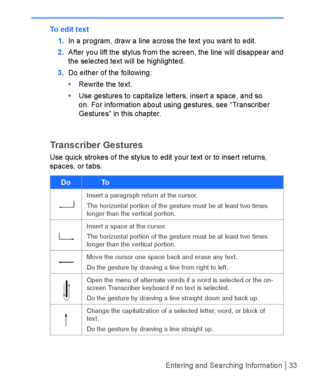 HTC WIZA100 user manual Transcriber Gestures, To edit text 