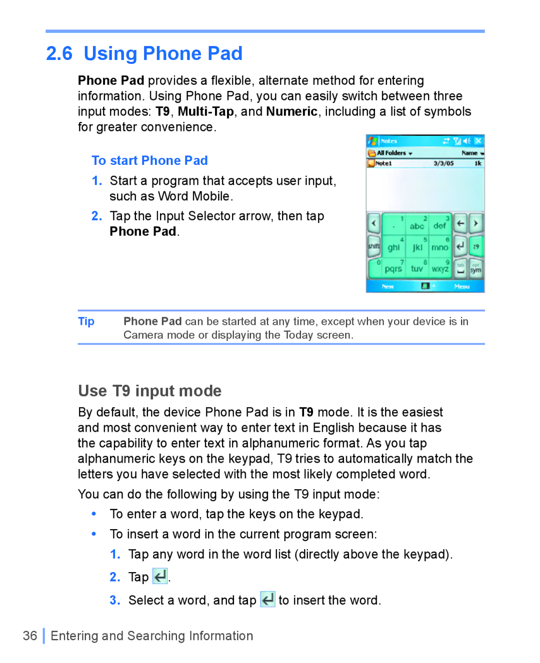 HTC WIZA100 user manual Use T9 input mode, To start Phone Pad, Tip 