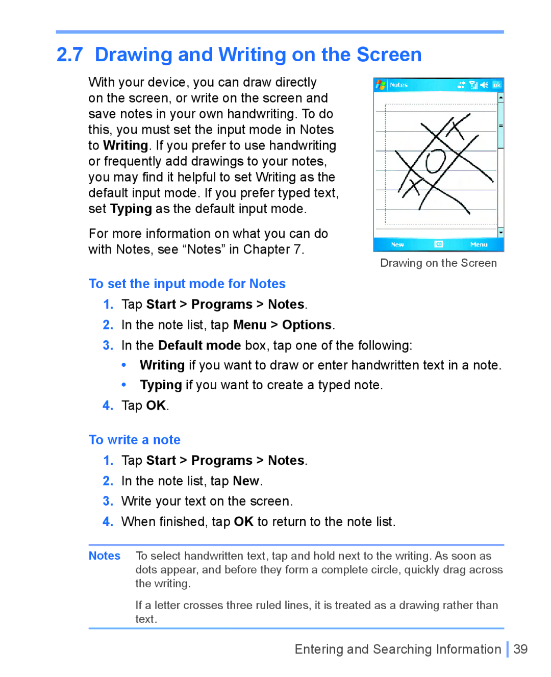 HTC WIZA100 user manual To set the input mode for Notes, Tap Start Programs Notes, To write a note 