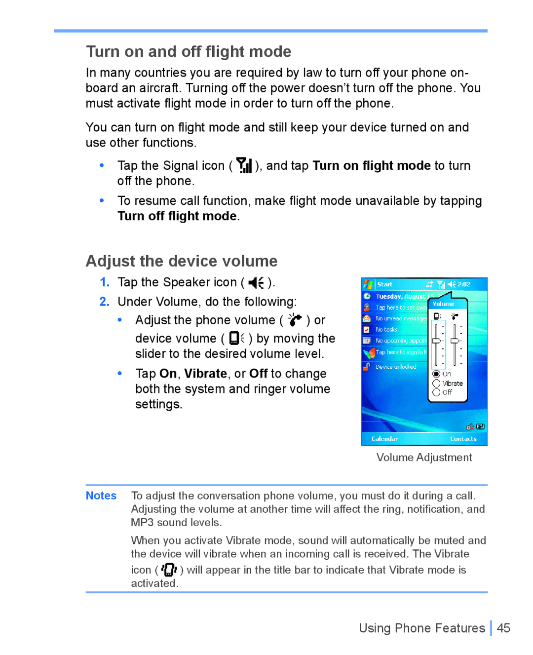 HTC WIZA100 user manual Turn on and off flight mode, Adjust the device volume 