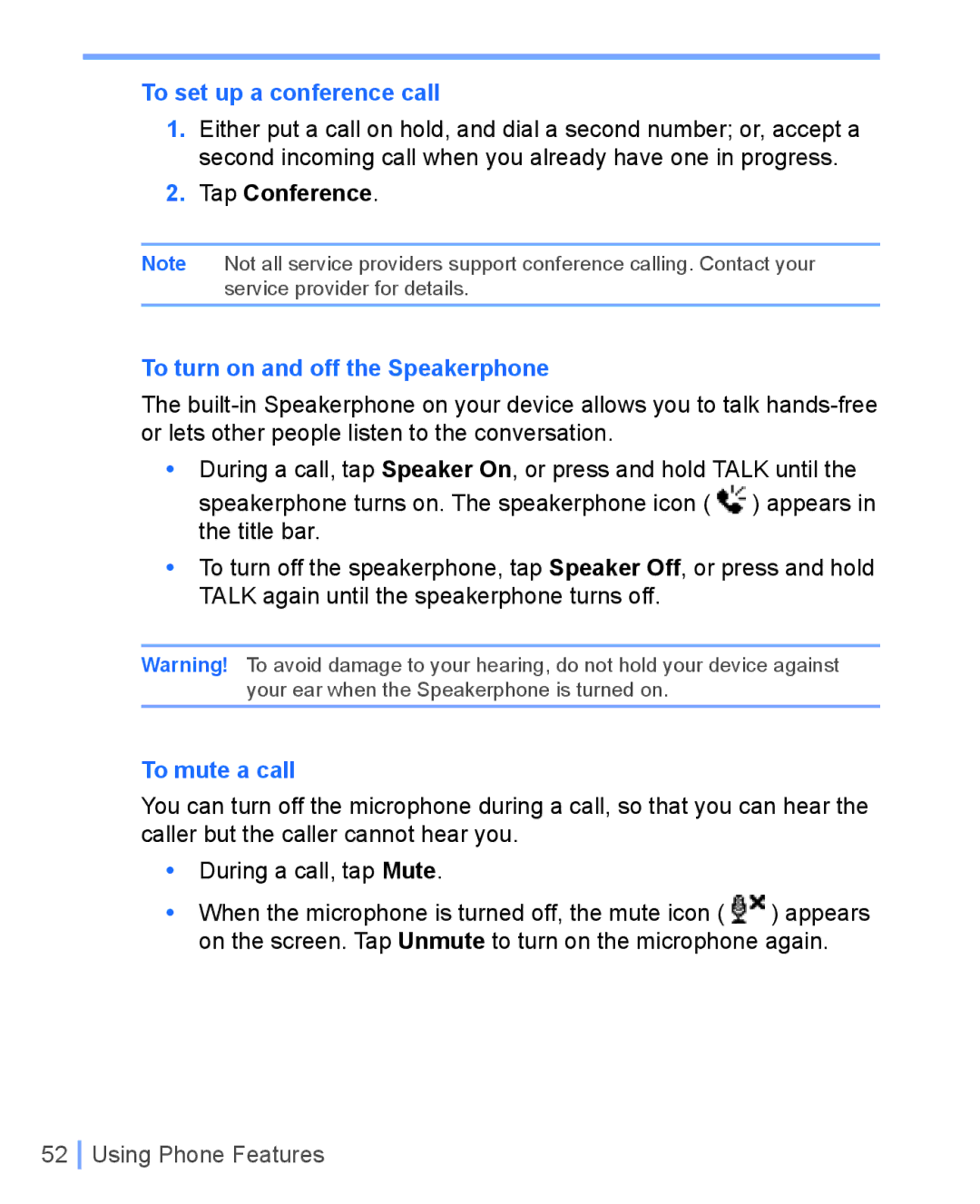 HTC WIZA100 user manual To set up a conference call, Tap Conference, To turn on and off the Speakerphone, To mute a call 