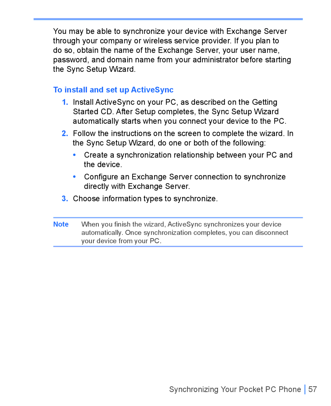 HTC WIZA100 user manual To install and set up ActiveSync 