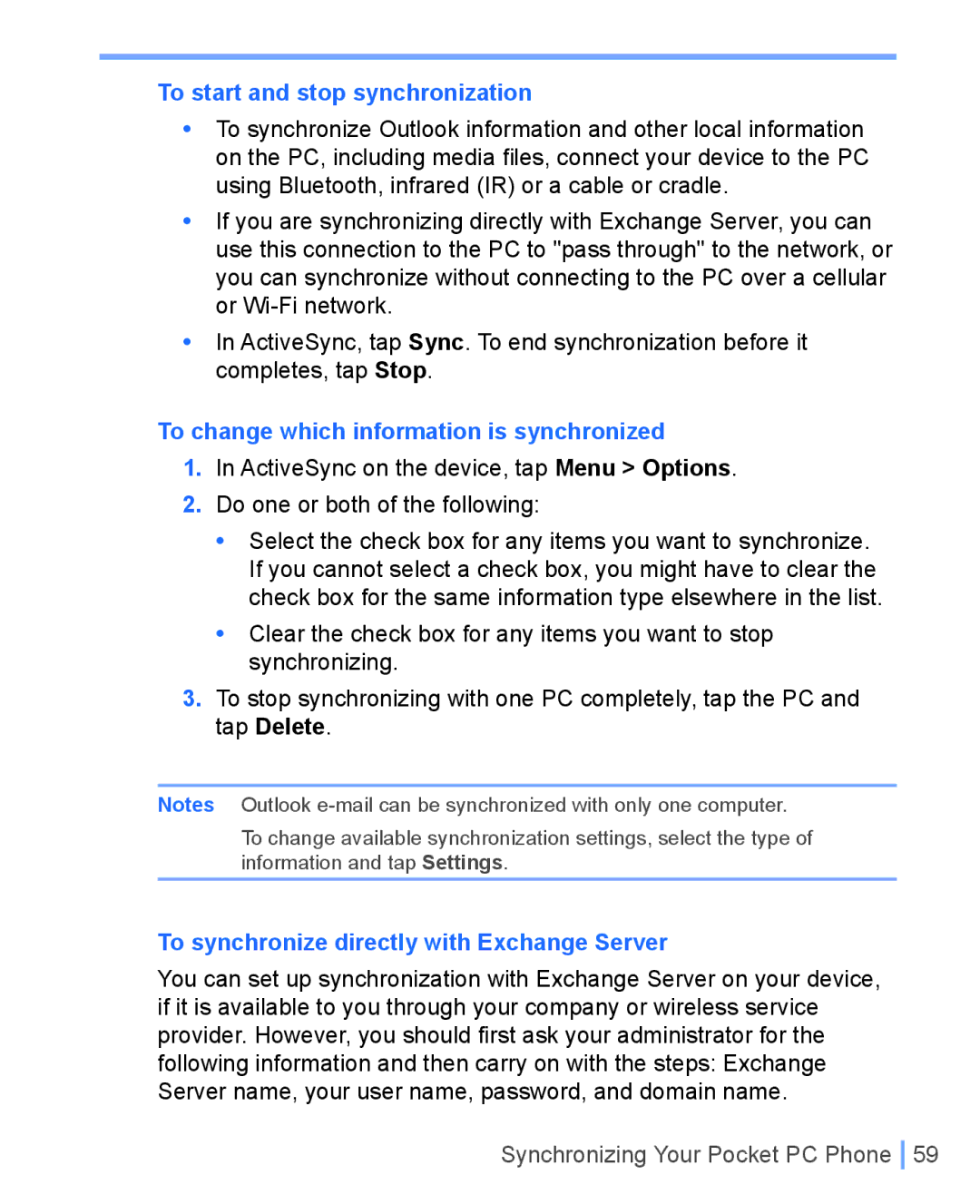 HTC WIZA100 user manual To start and stop synchronization, To change which information is synchronized 