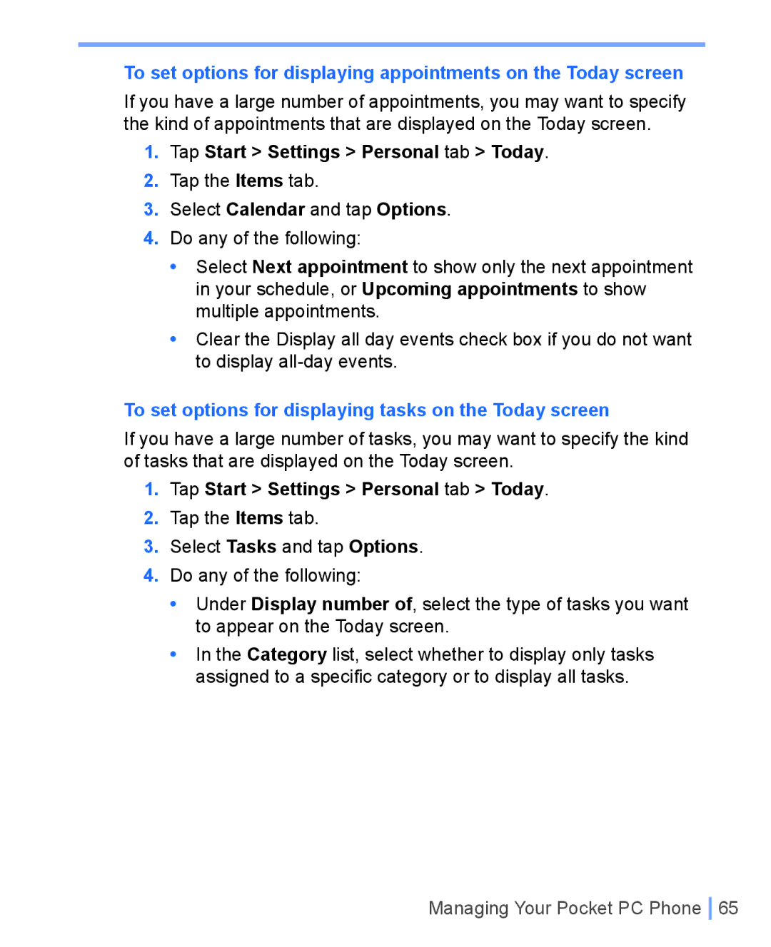 HTC WIZA100 user manual To set options for displaying tasks on the Today screen 