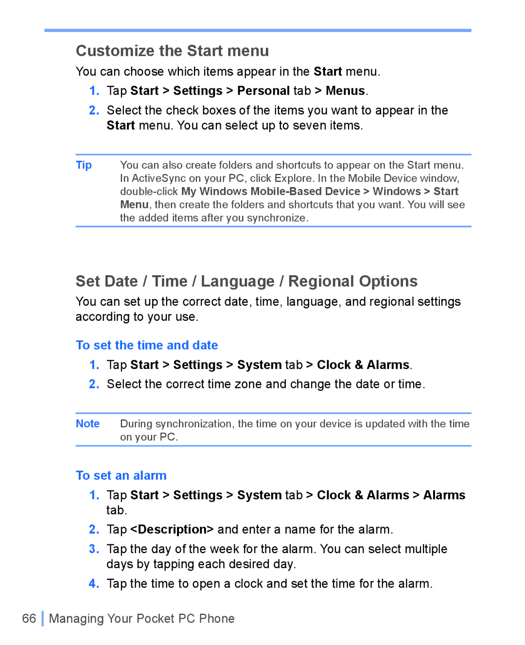 HTC WIZA100 user manual Customize the Start menu, Set Date / Time / Language / Regional Options, To set the time and date 